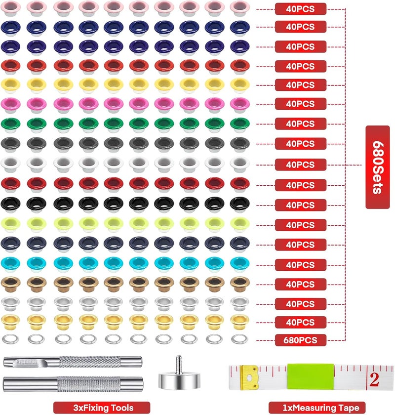 Meifuly Metal Eyelets Grommets, 680Pcs 17 Colors 3/16 inch Metal Grommets Kit, Multi-Color Eyelets Set with Installation Tool, Measuring Tape and Storage Box for DIY Shoes Belt Clothes Crafts Bag - Image 2